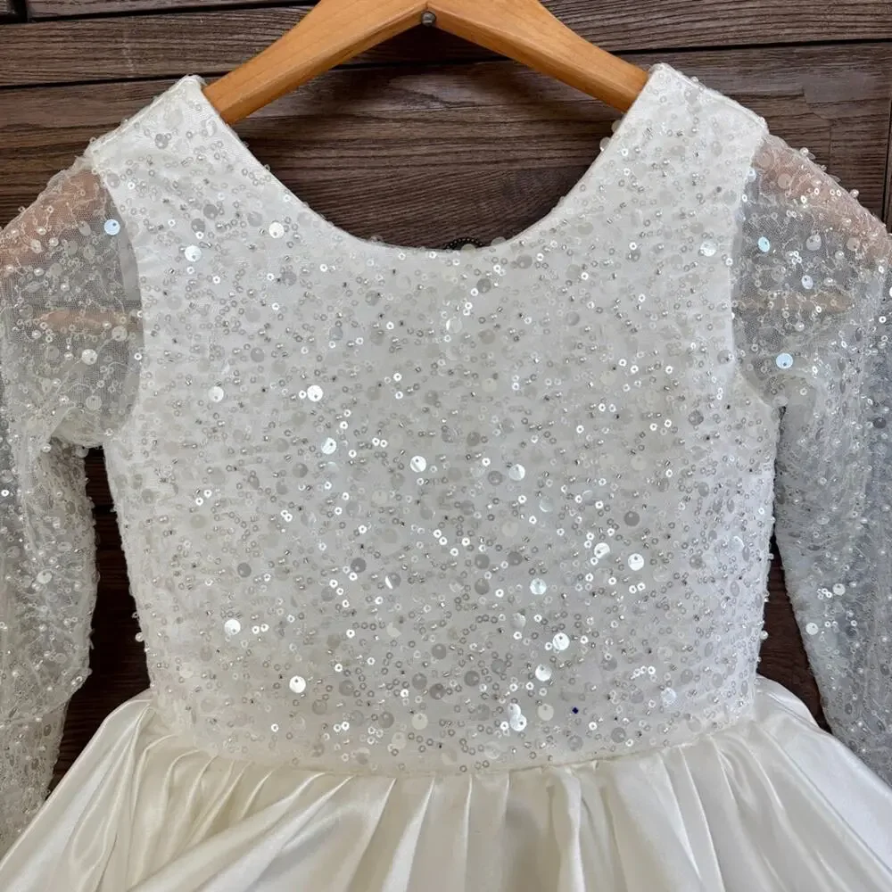 White Beaded Long Sleeve Tiered Satin Tulle Princess Flower Girl Dress Size 6-7